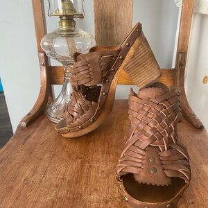 Denim & Supply Ralph Lauren Brown Woven Leather High-Heel Clog Mules